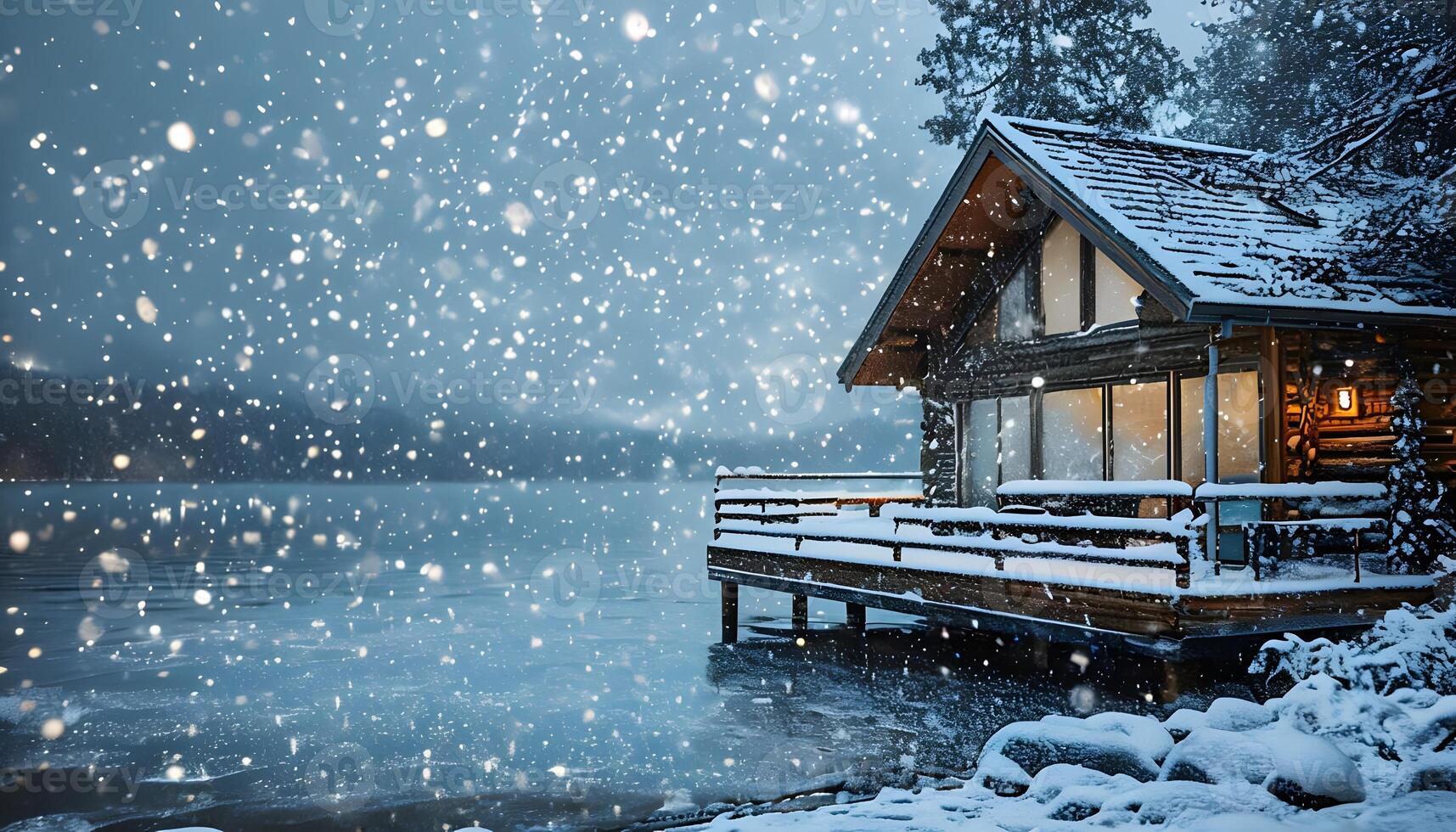 A cabin sits on the shore of a lake in the snow photo