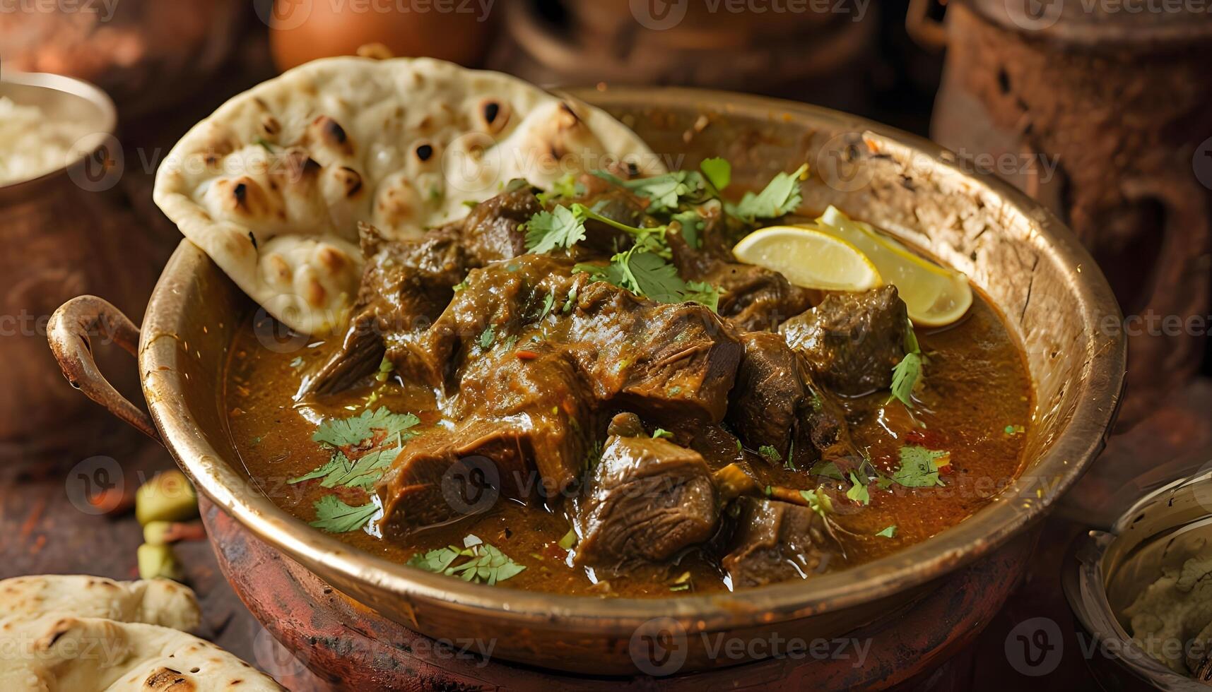 A bowl of curry with meat and bread on a wooden table photo