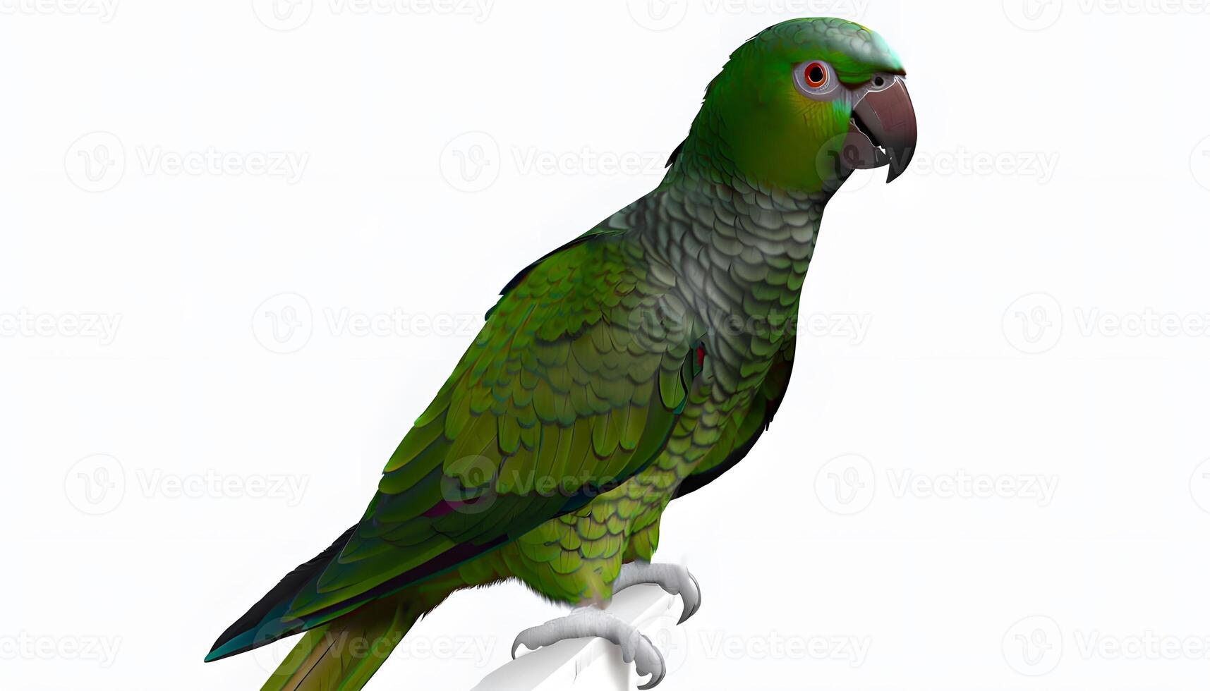 A green parrot is perched on a white object photo