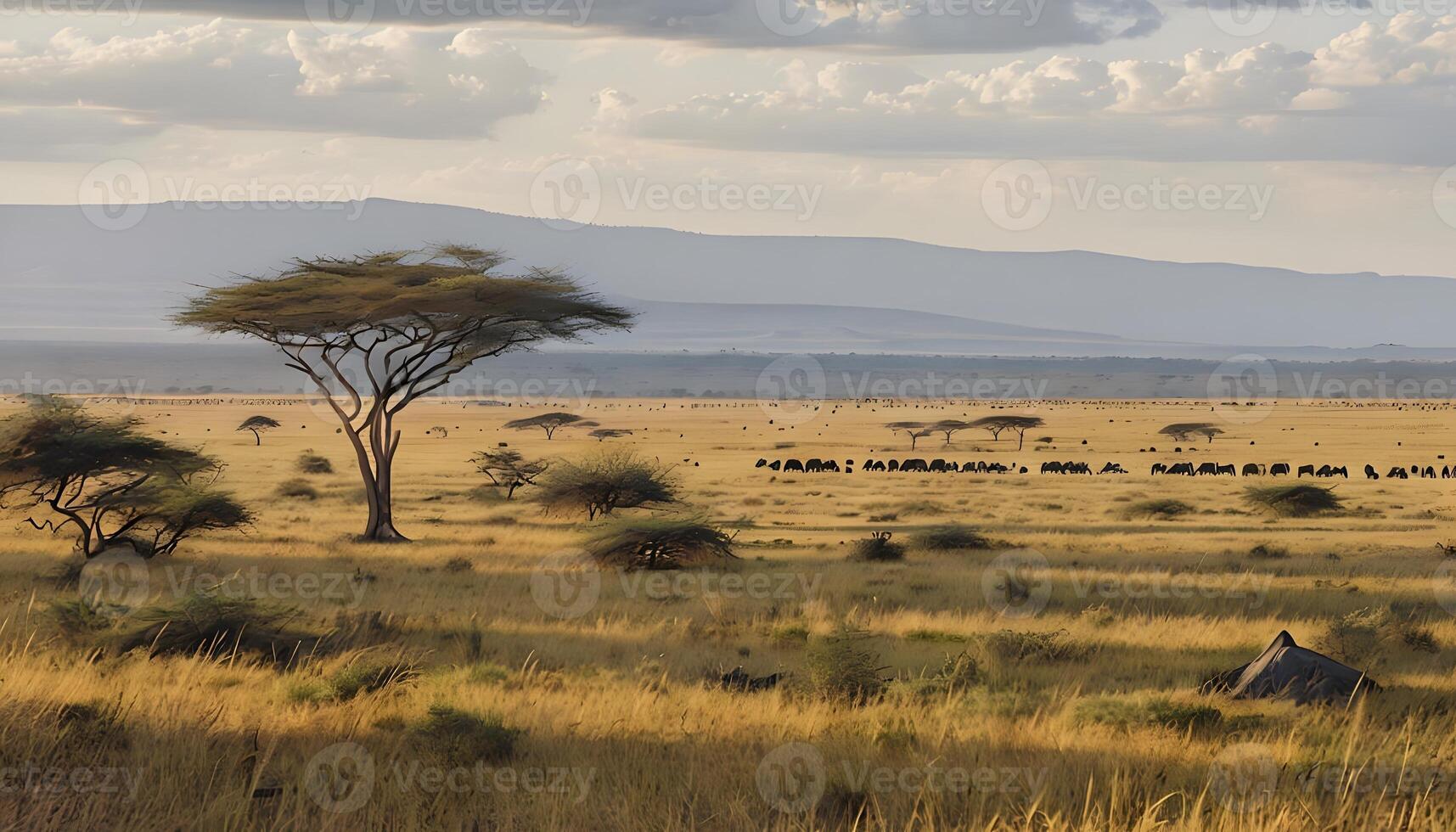 A herd of animals in a field with a tree photo