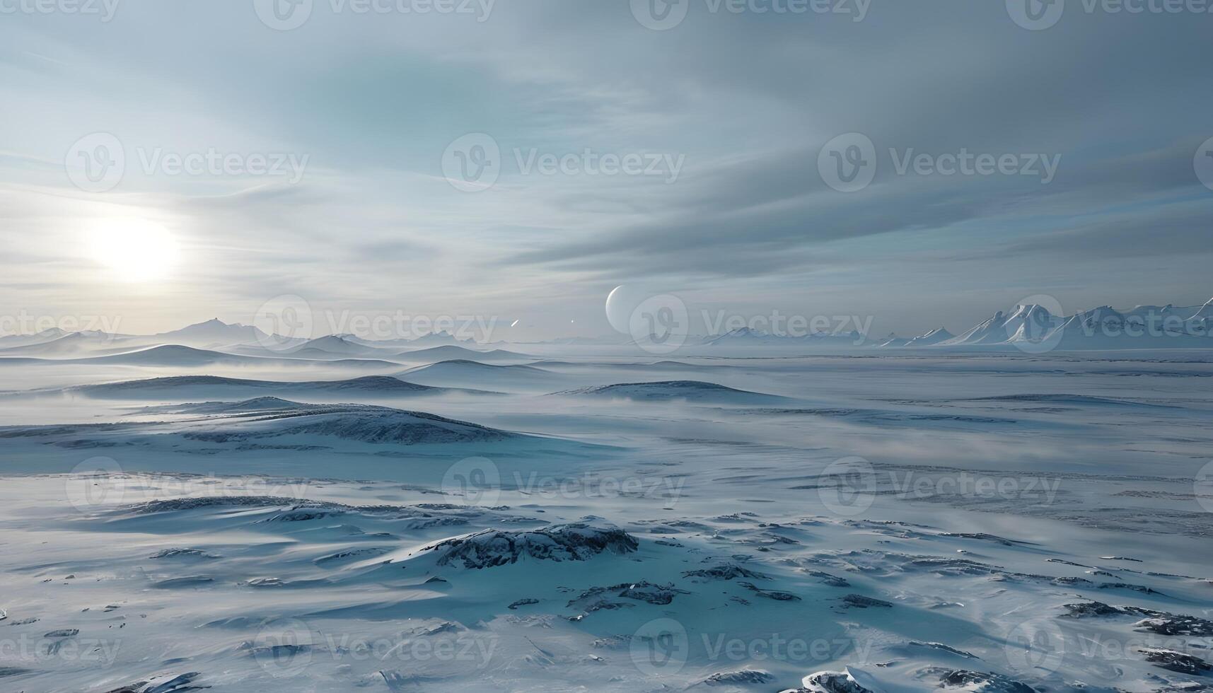 A snowy landscape with mountains and sun photo