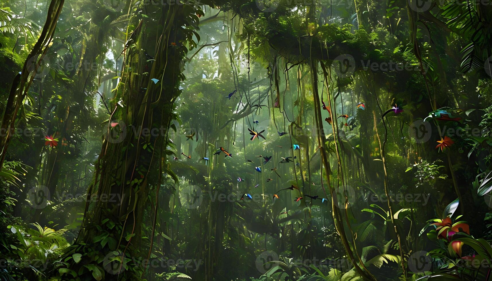 A jungle scene with many colorful birds flying around photo