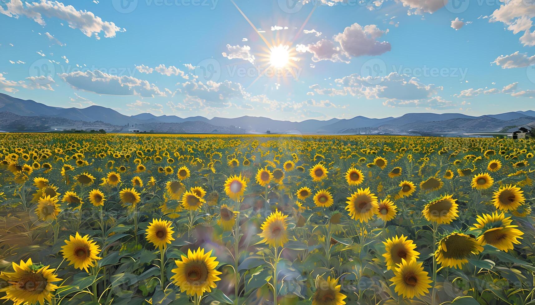 A field of sunflowers with mountains in the background photo