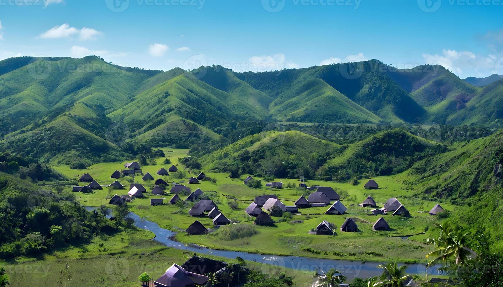 A valley with many huts in the middle of a green field photo