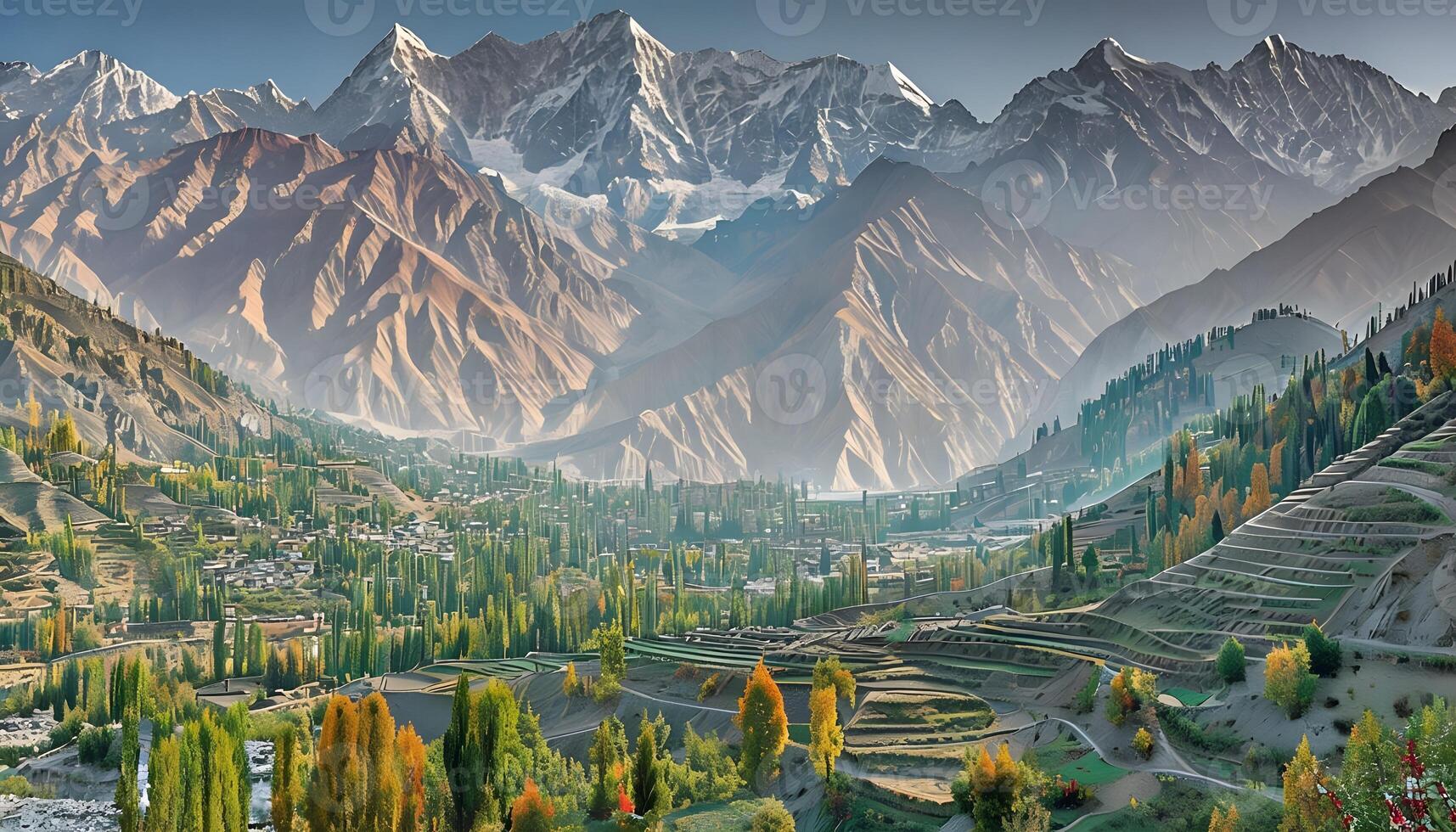 The mountains are covered with trees and grass photo