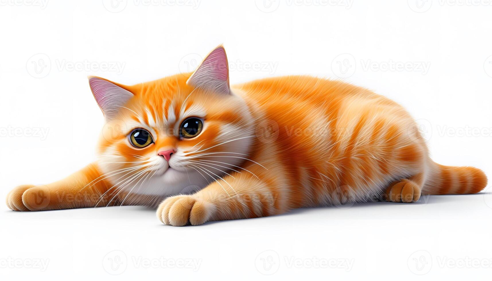 An orange cat is laying down on a white background photo