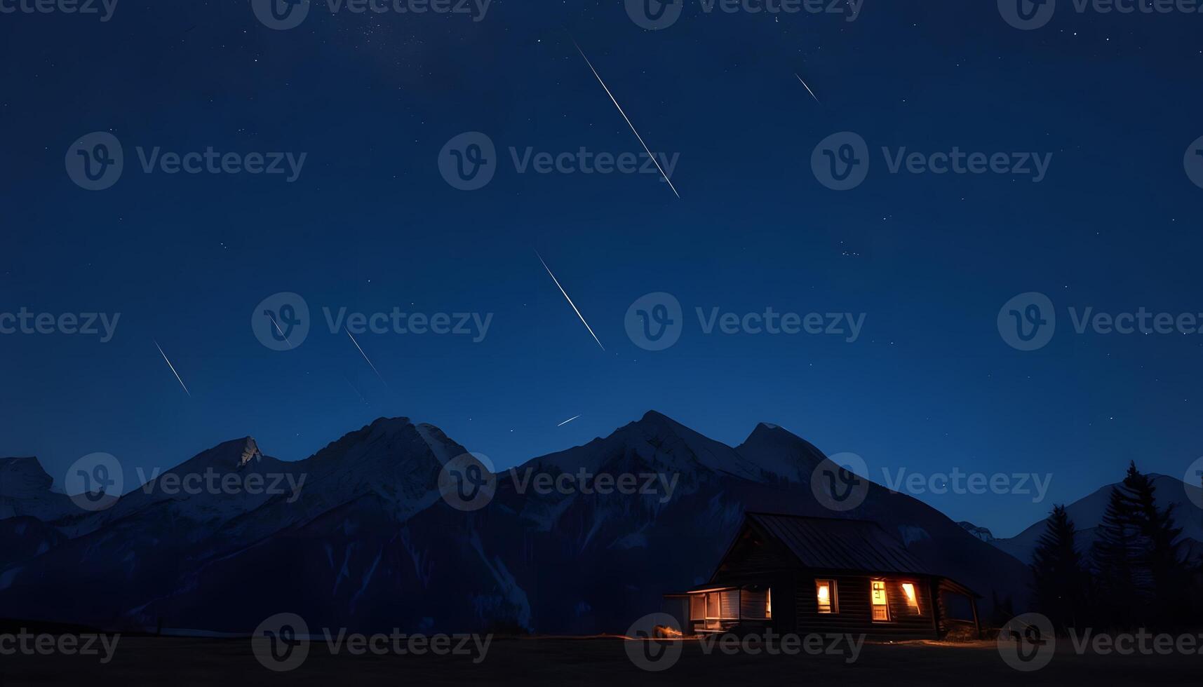 A cabin in the mountains with stars above photo
