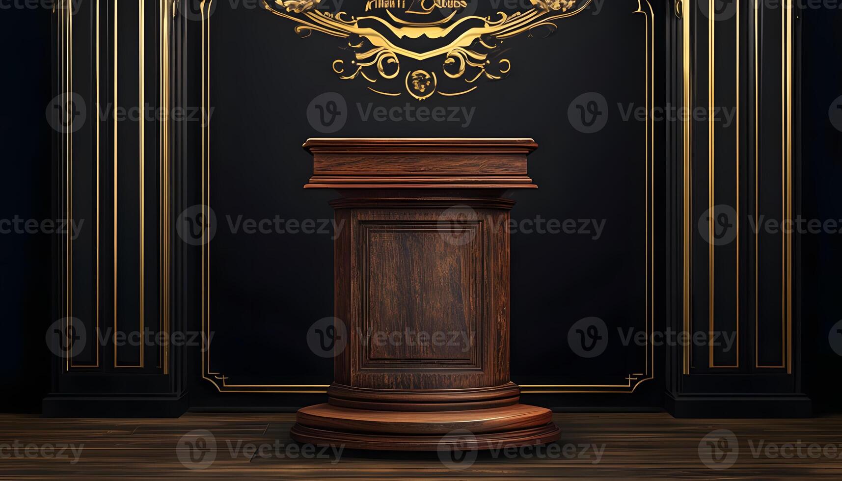 An empty podium with gold trim and ornate pillars photo