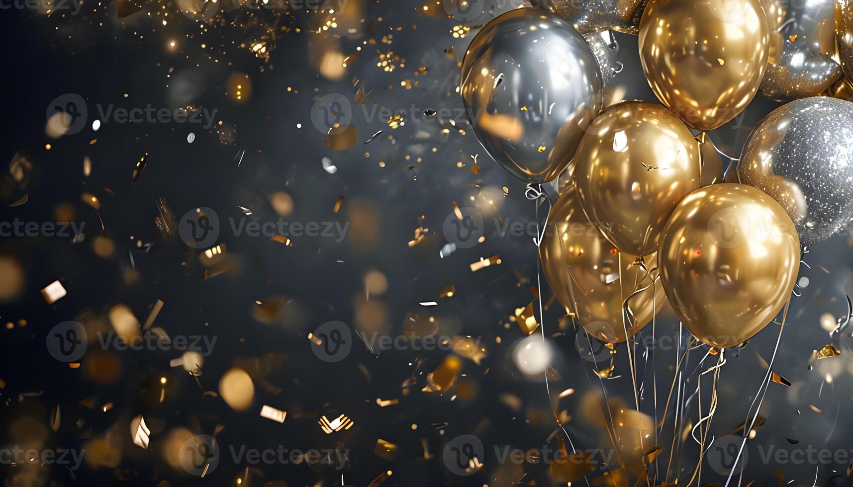 Gold and silver balloons on a black background photo