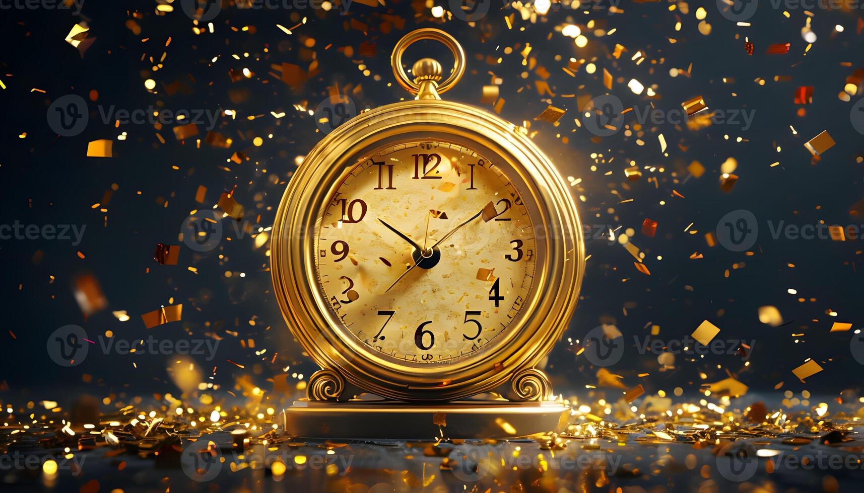 A golden clock with confetti falling around it photo