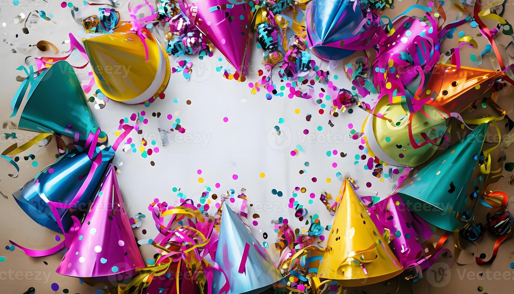 Many colorful party hats and confetti photo