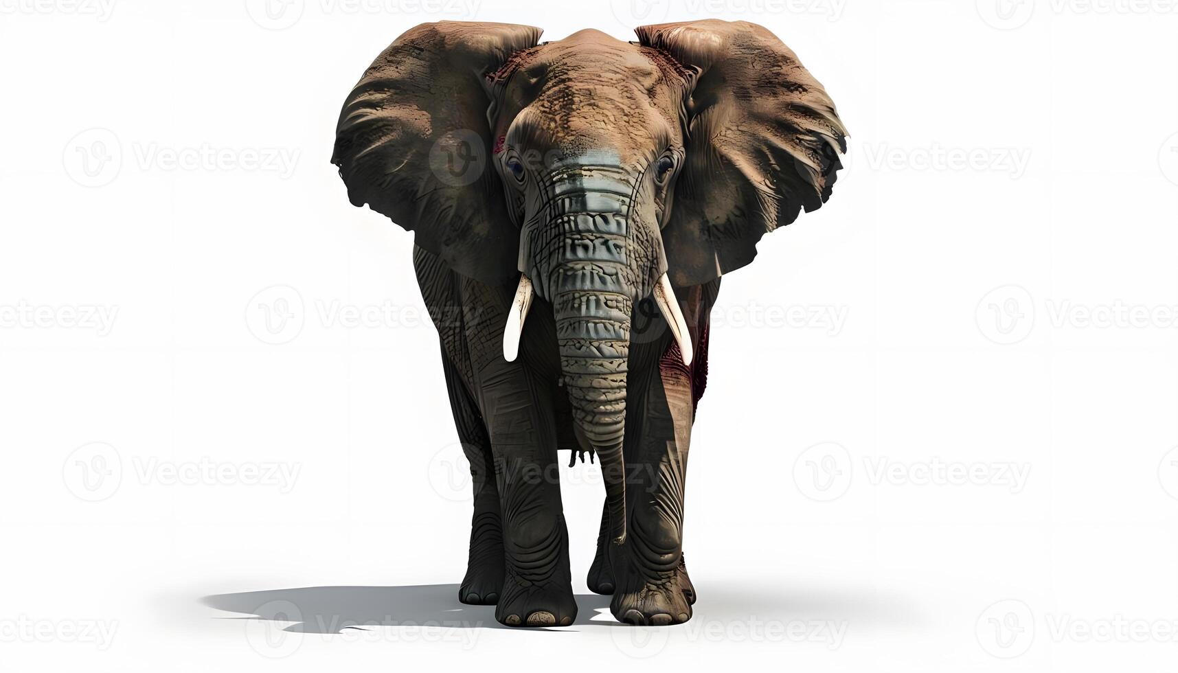 An elephant is standing in front of a white background photo