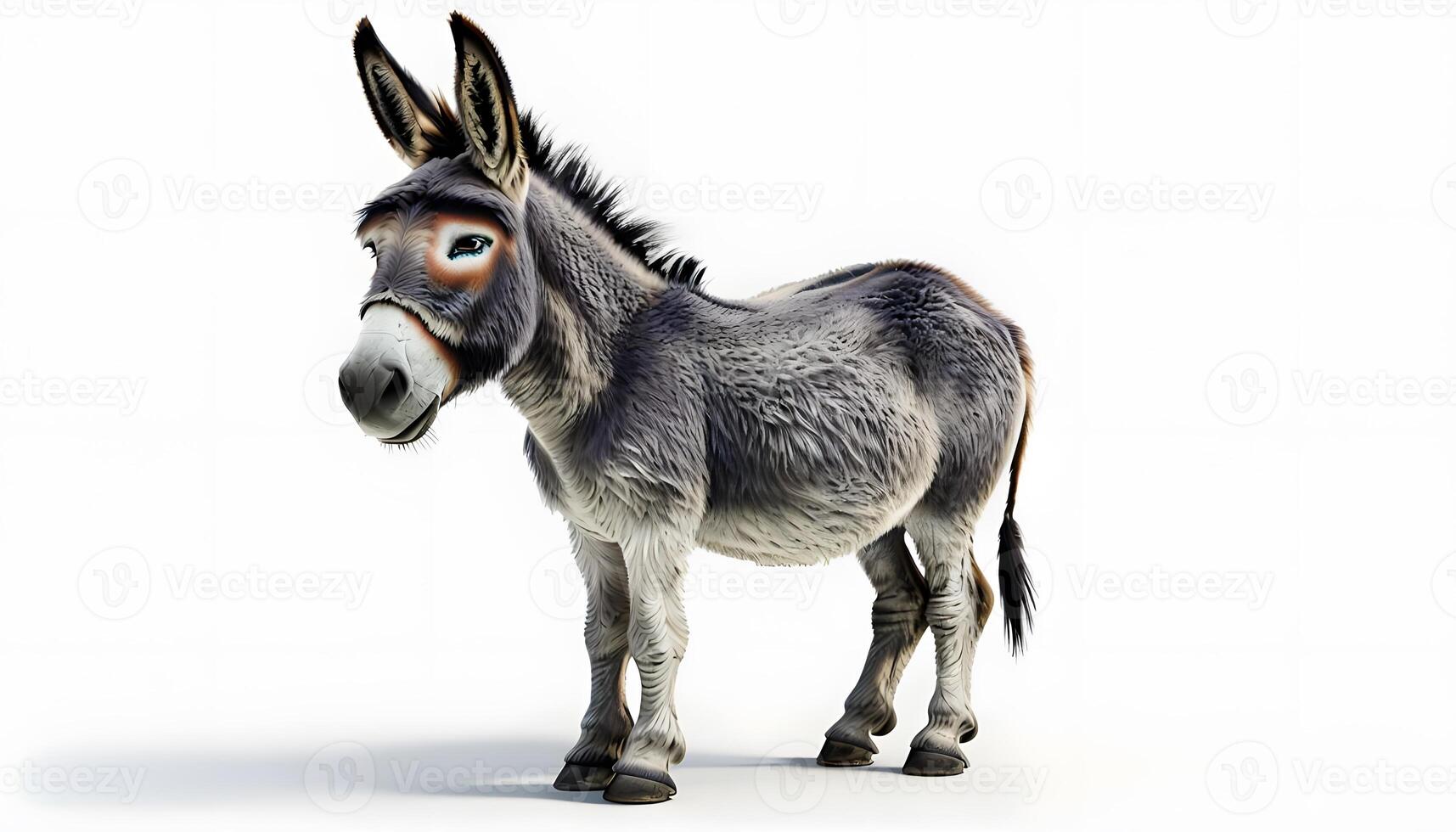 A donkey is standing in front of a white background photo
