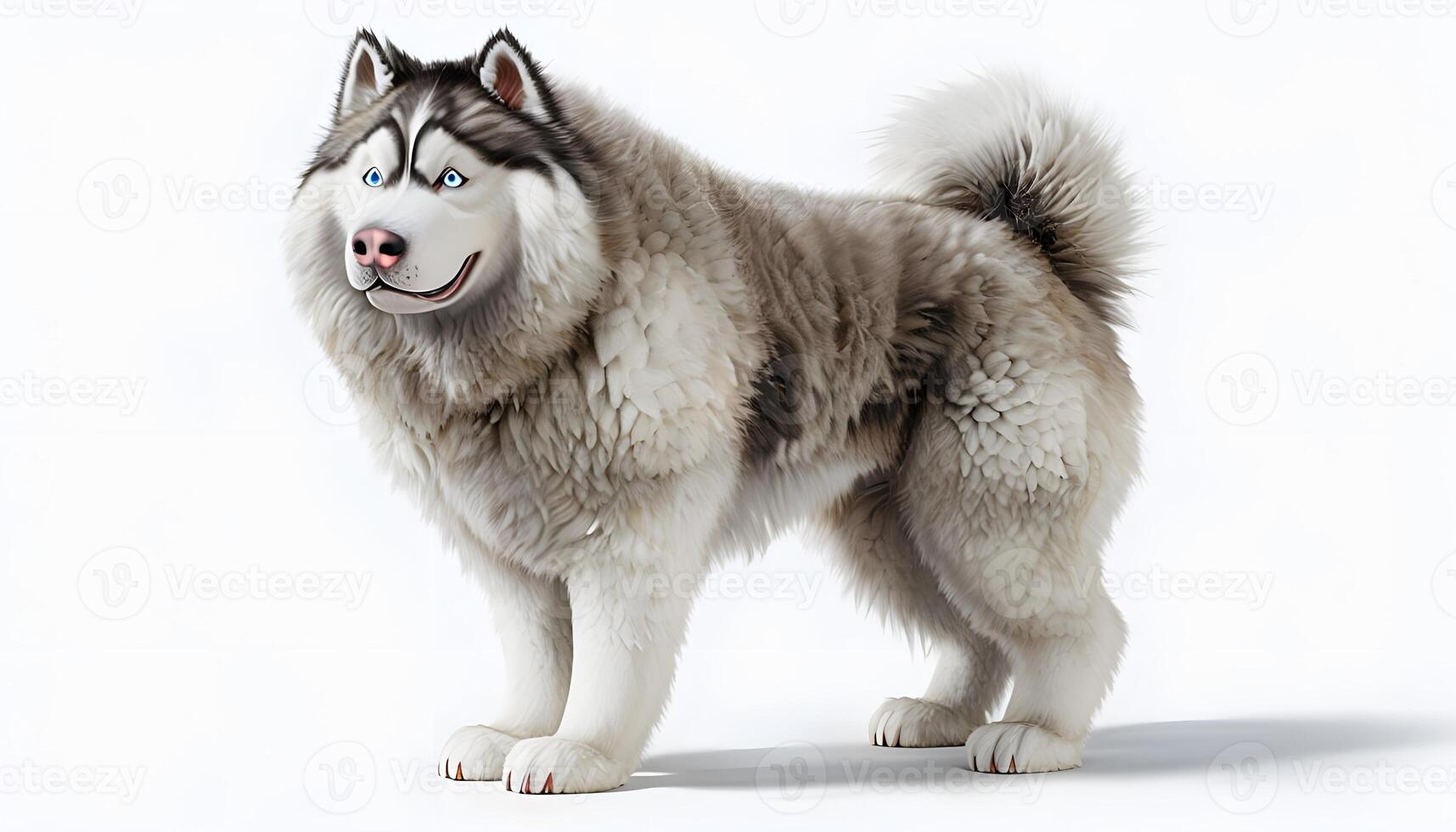 A cartoon dog with blue eyes standing on a white background photo
