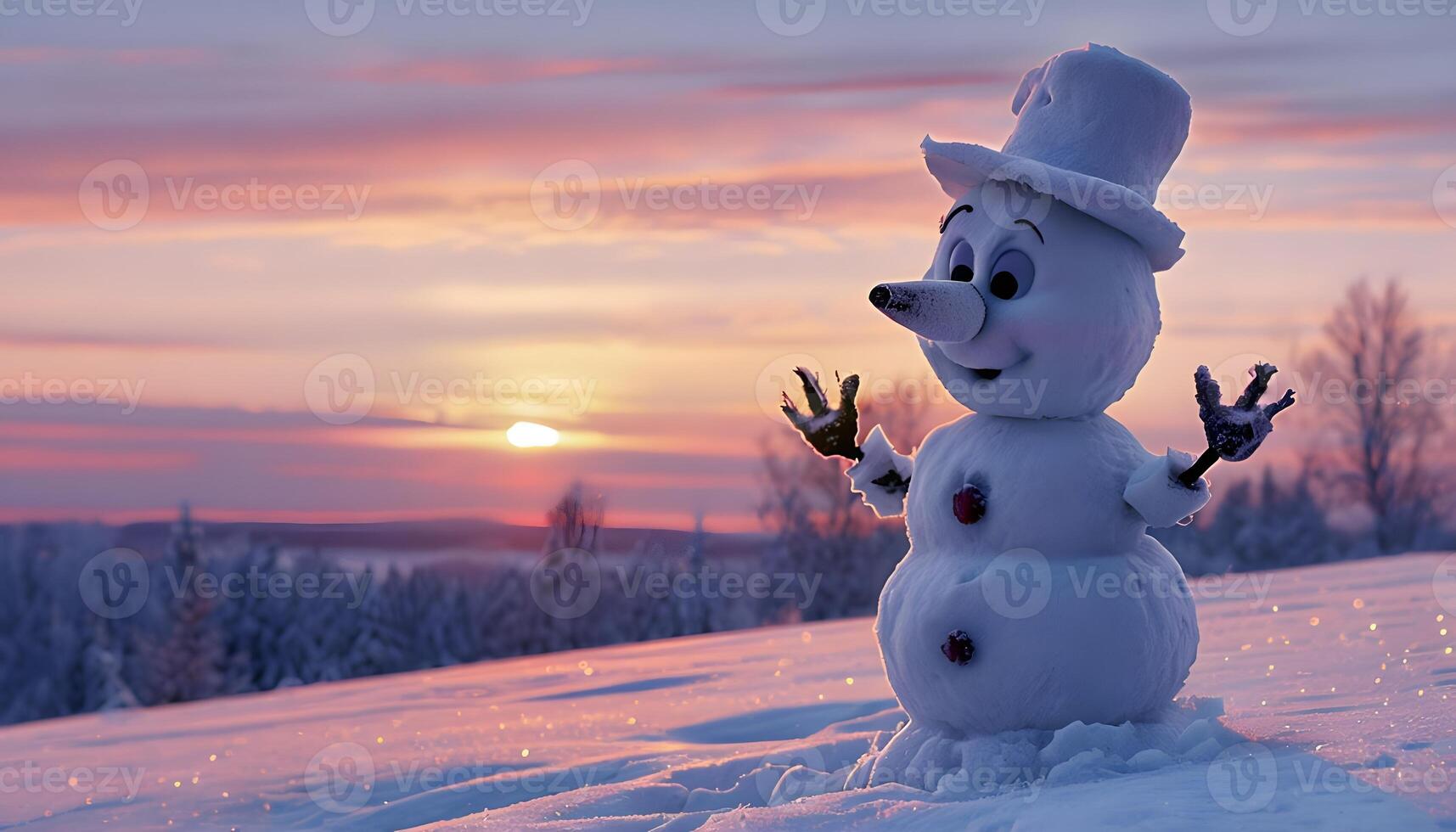 A snowman is standing in the snow with his hands up photo