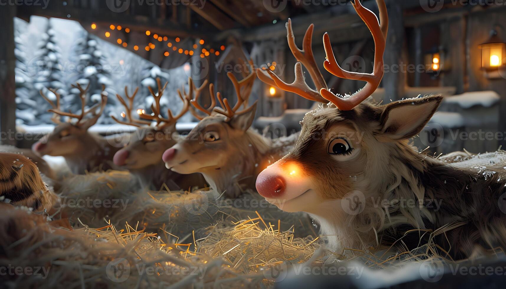 Reindeer in a barn with lights on them photo