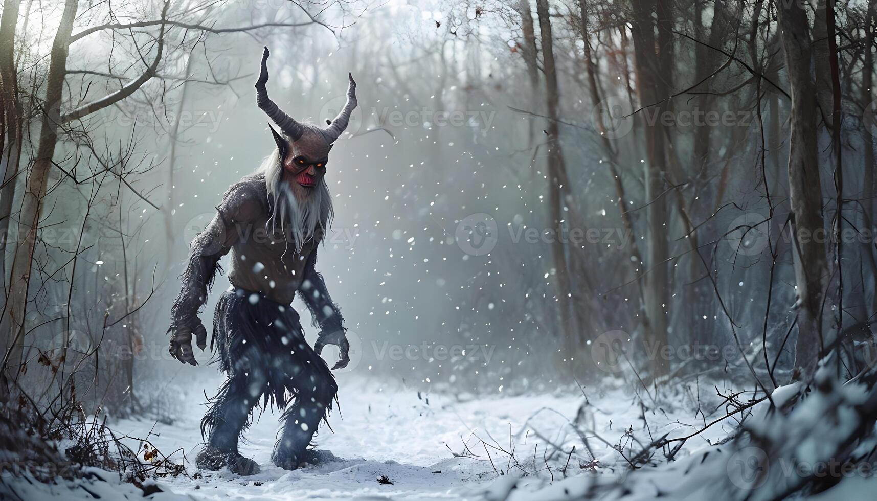 A demon with horns and long hair walking through the woods photo