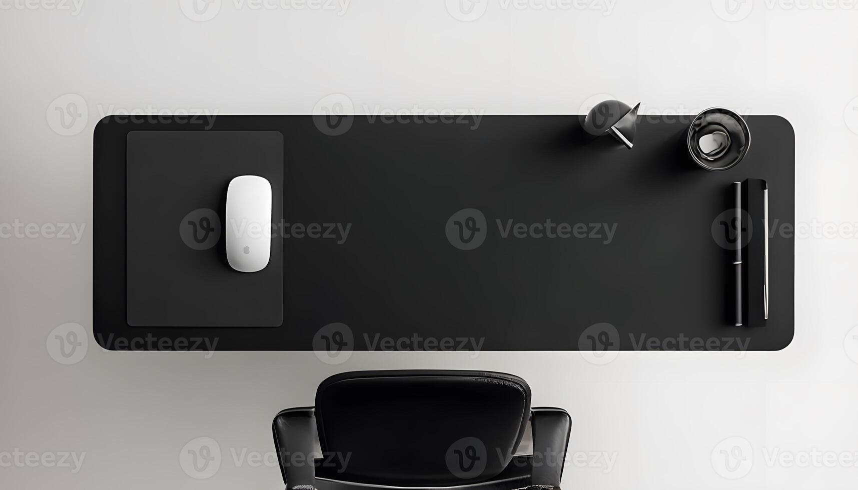 A black desk with a mouse and chair photo
