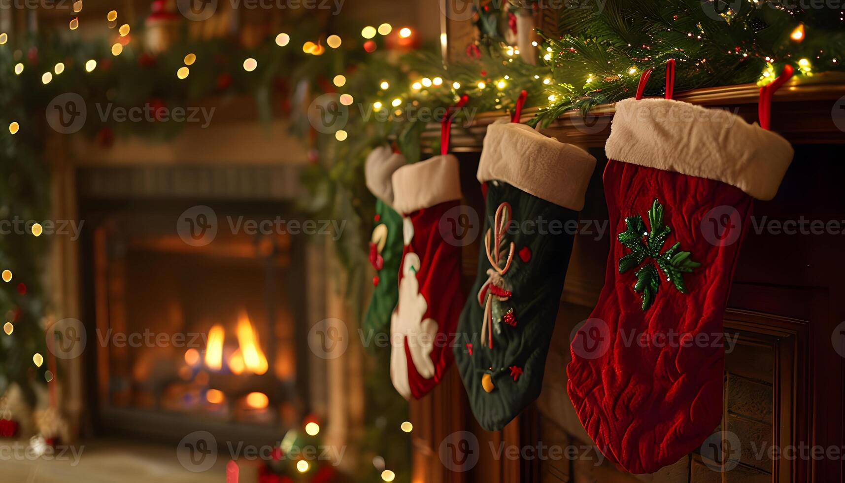 Christmas stockings hanging on a fireplace photo