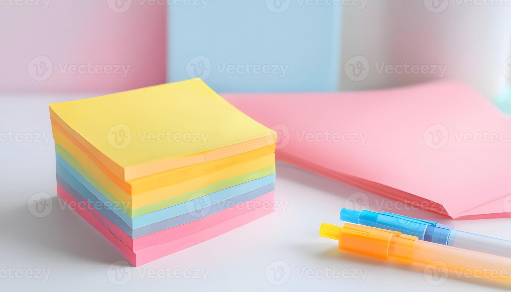 A stack of colorful sticky notes and a pen photo