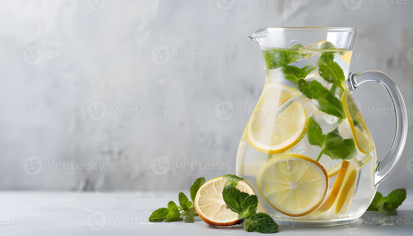 Lemonade in pitcher with mint leaves photo