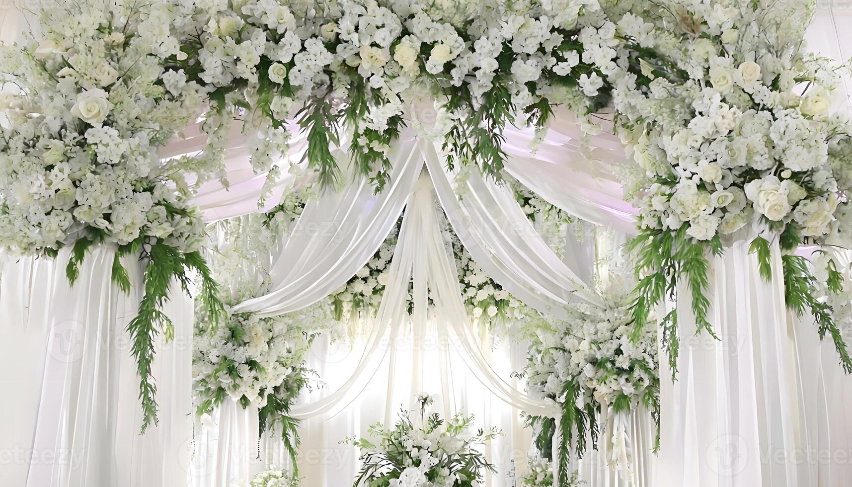 A wedding ceremony with white flowers and greenery photo