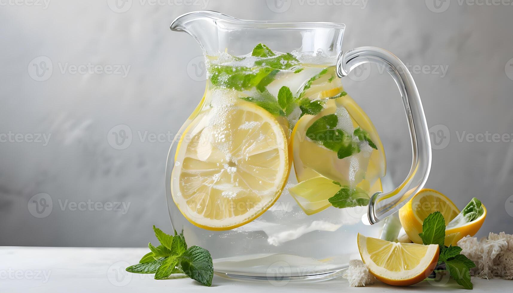 A pitcher of water with lemon slices and mint leaves photo