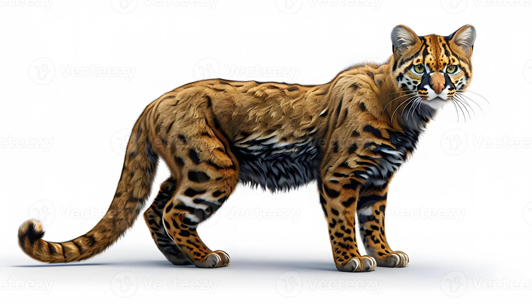 A large cat with a long tail standing on a white background photo