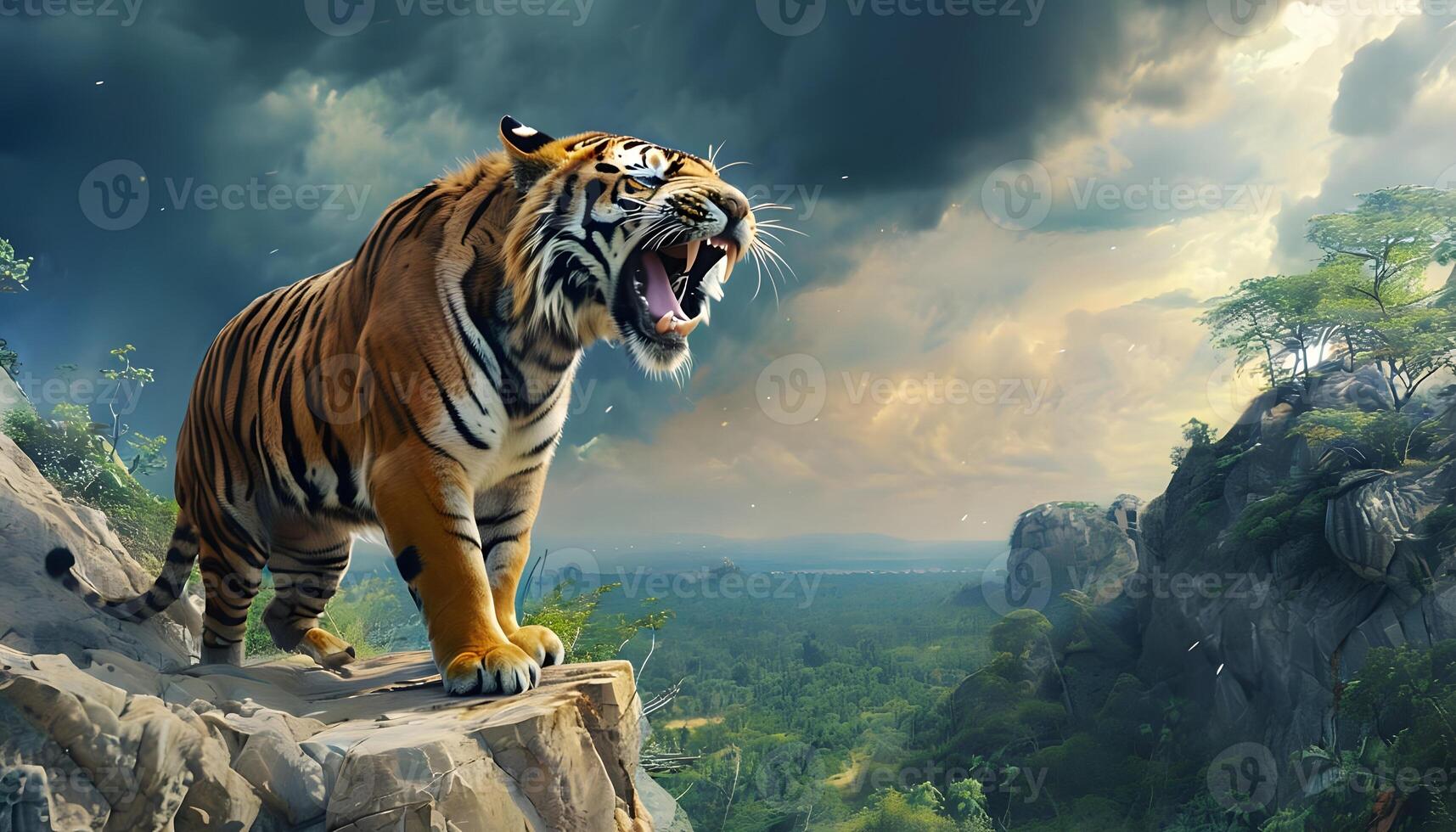 A tiger is standing on a cliff with its mouth open photo
