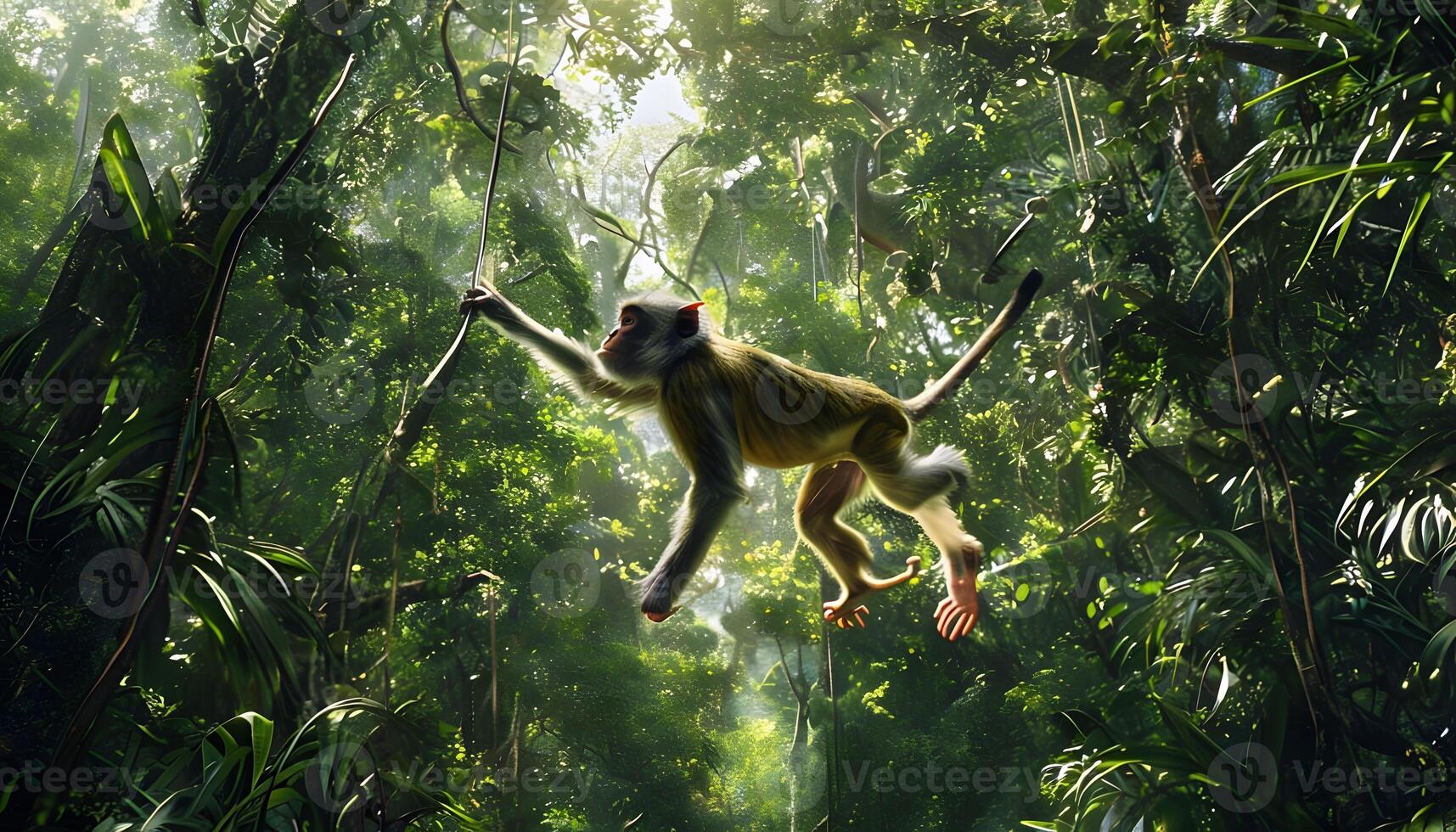 A monkey is flying through the jungle photo