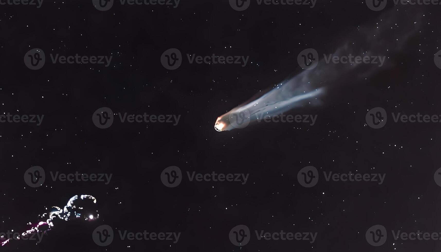 A comet is seen in the sky with a space station photo