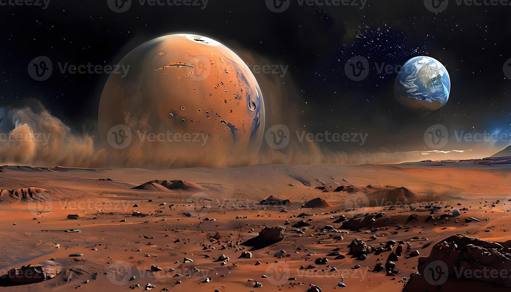 Mars and earth in the distance with a planet in the foreground photo