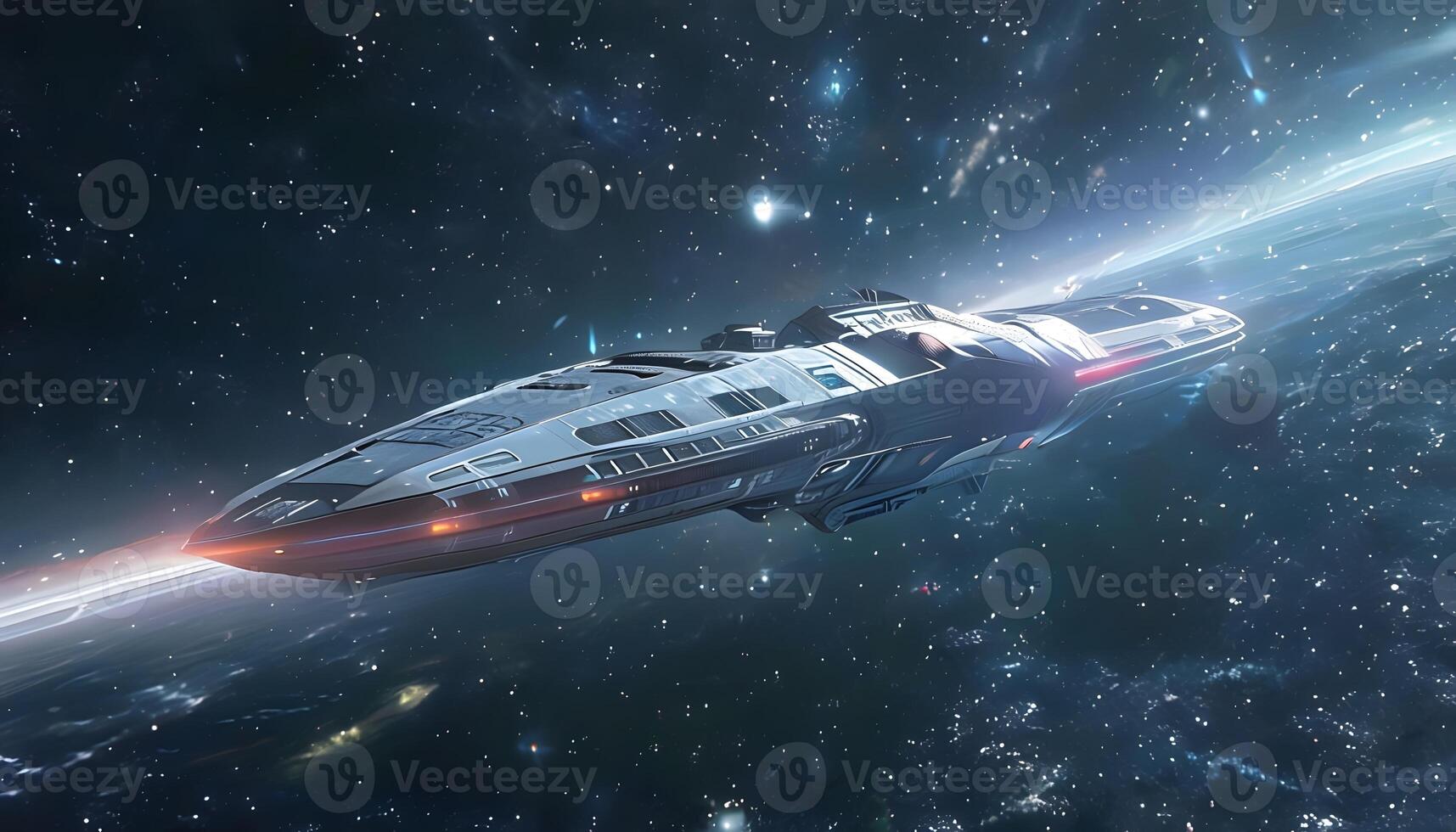 A spaceship in space with stars and planets photo