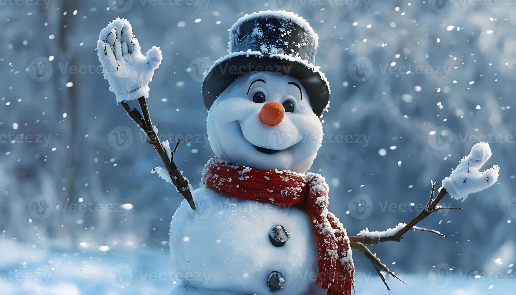 A snowman is waving in the snow photo