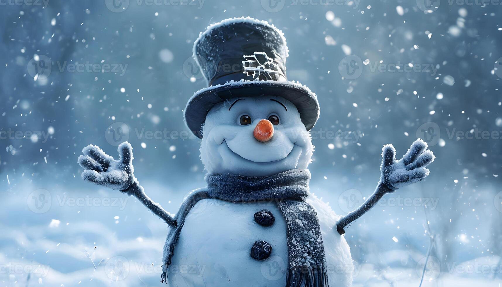 A snowman with a hat and scarf in the snow photo