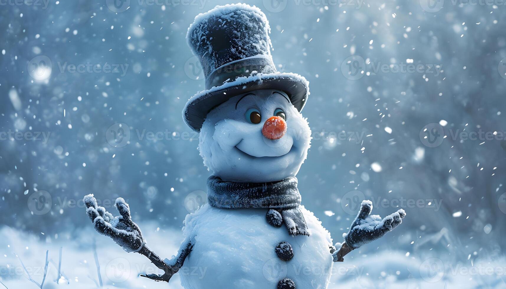 A snowman is standing in the snow with his arms outstretched photo