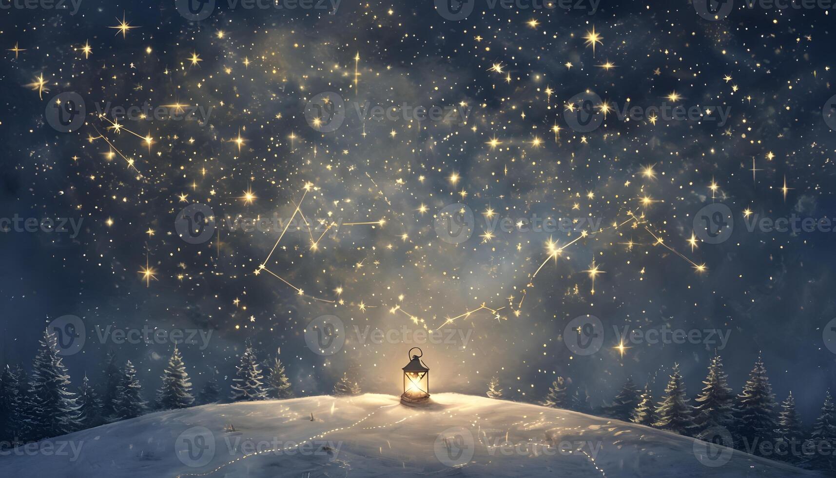 A painting of a starry night sky with a light shining on a lantern photo