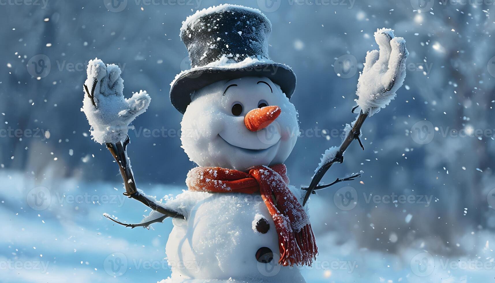 A snowman is waving in the snow photo