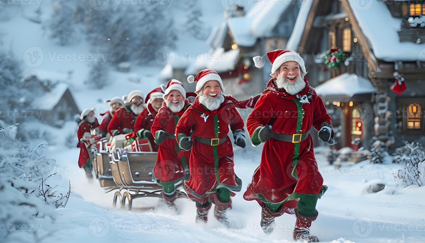 Santa claus and his reindeer pulling a sleigh through the snow photo