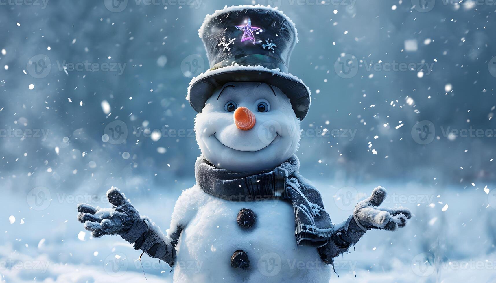 A snowman wearing a top hat and scarf photo