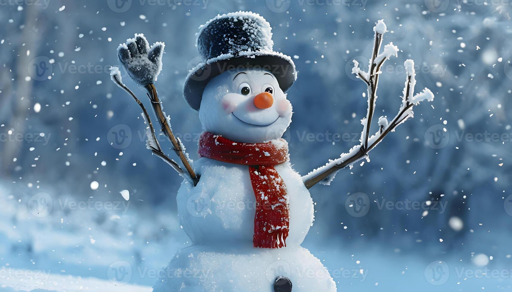 A snowman is standing in the snow with his arms up photo