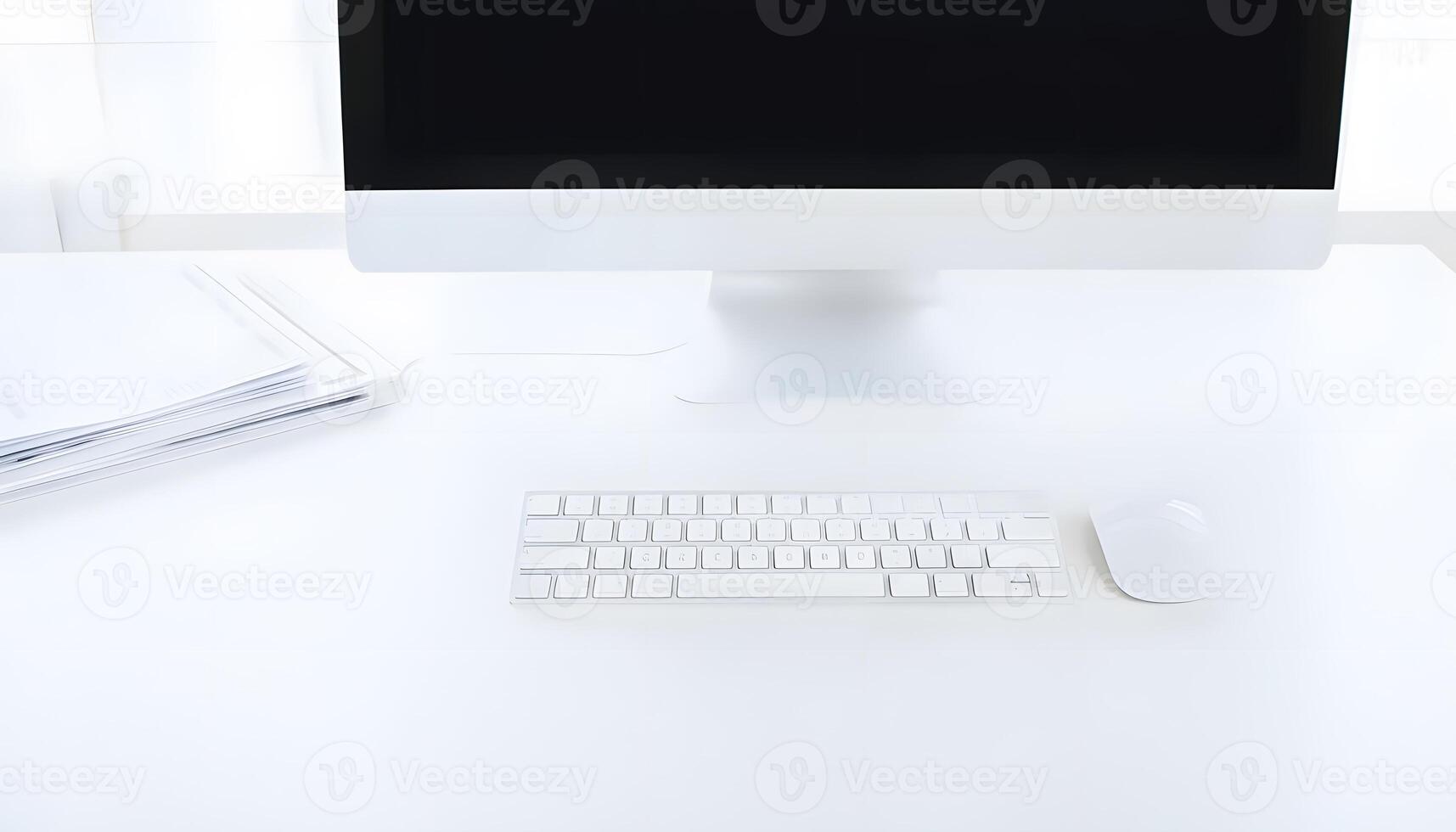 White desk with computer, mouse and keyboard photo