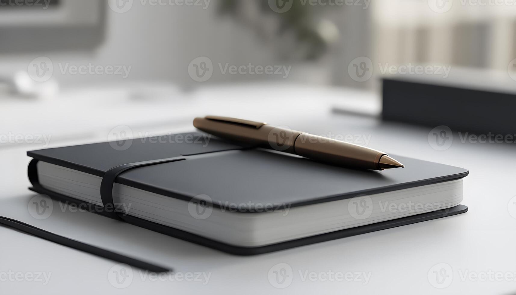 A pen and notebook on a desk with a window photo