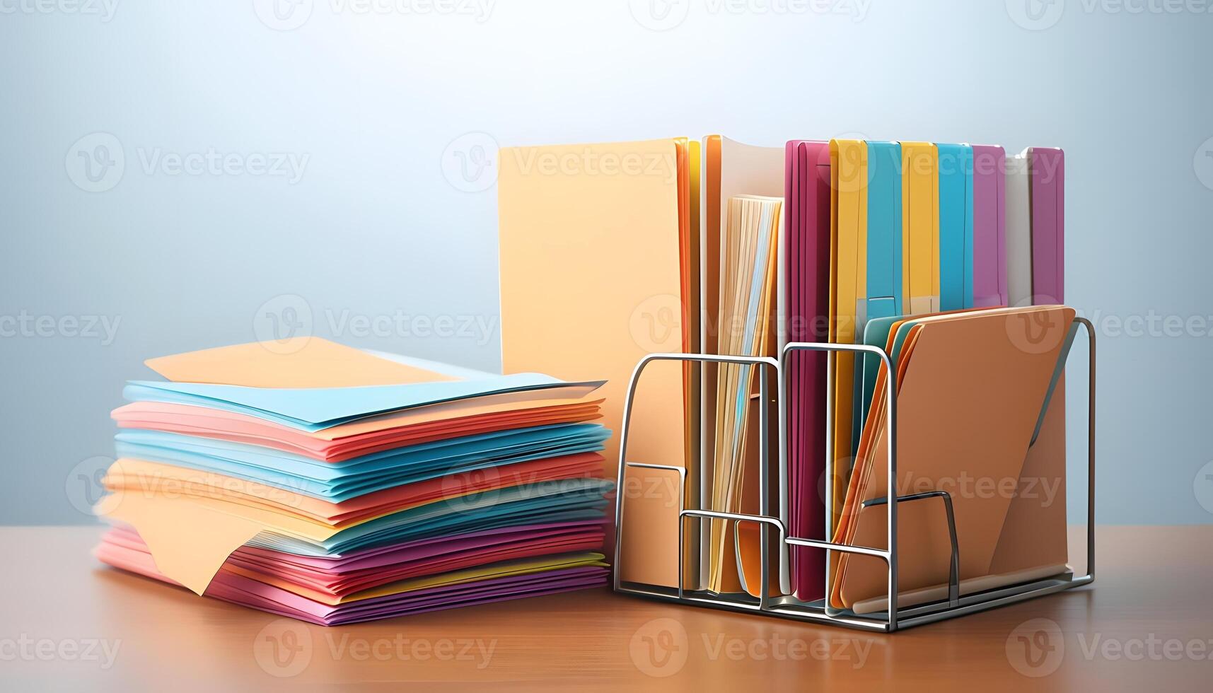 A stack of papers and folders on a desk photo