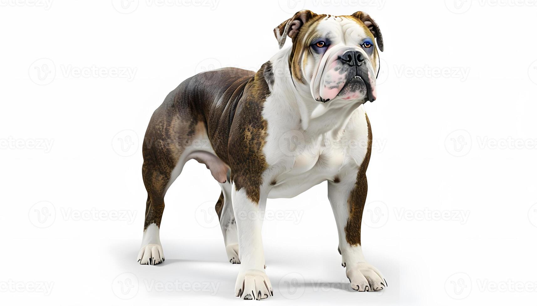 A brown and white dog standing on a white background photo