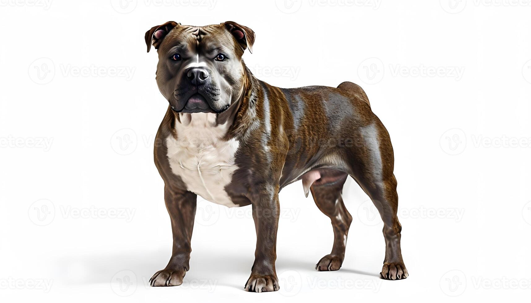 A brown and white dog standing on a white background photo