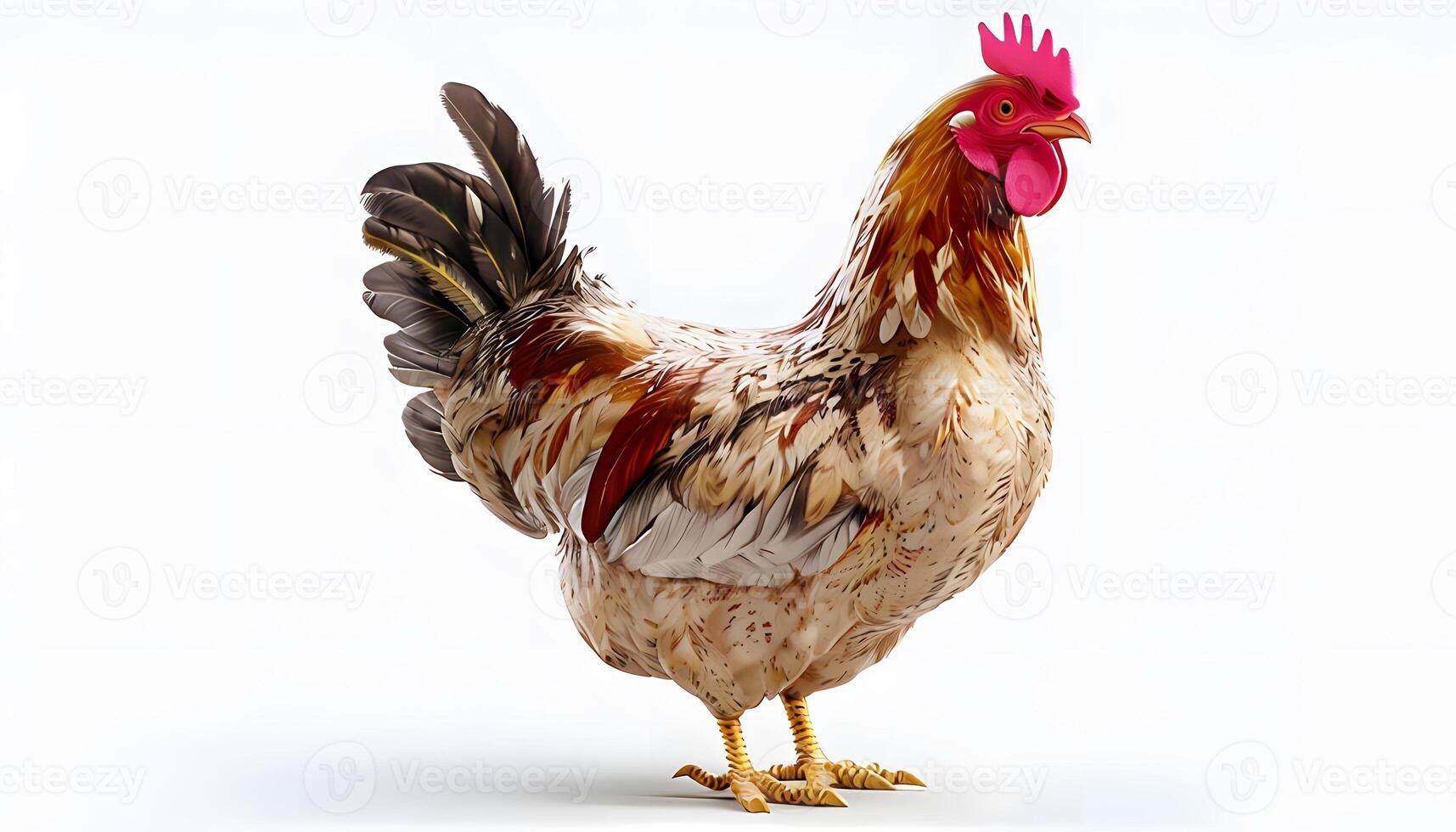A chicken with a red head and a white body photo