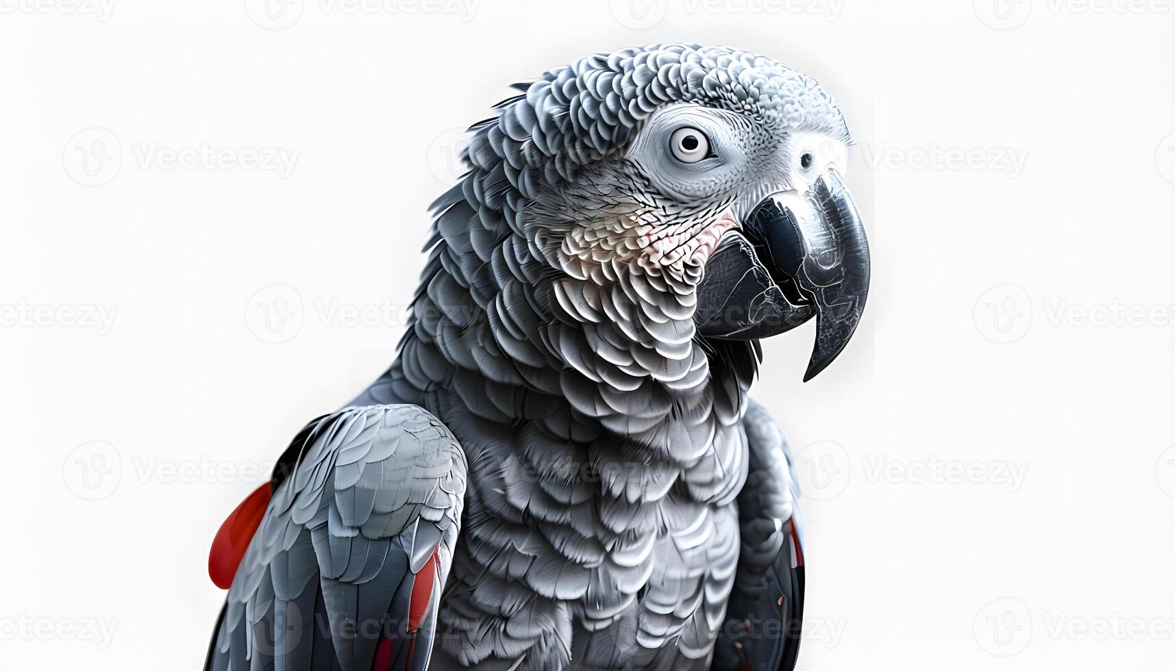 A gray parrot with red beak and red eyes photo