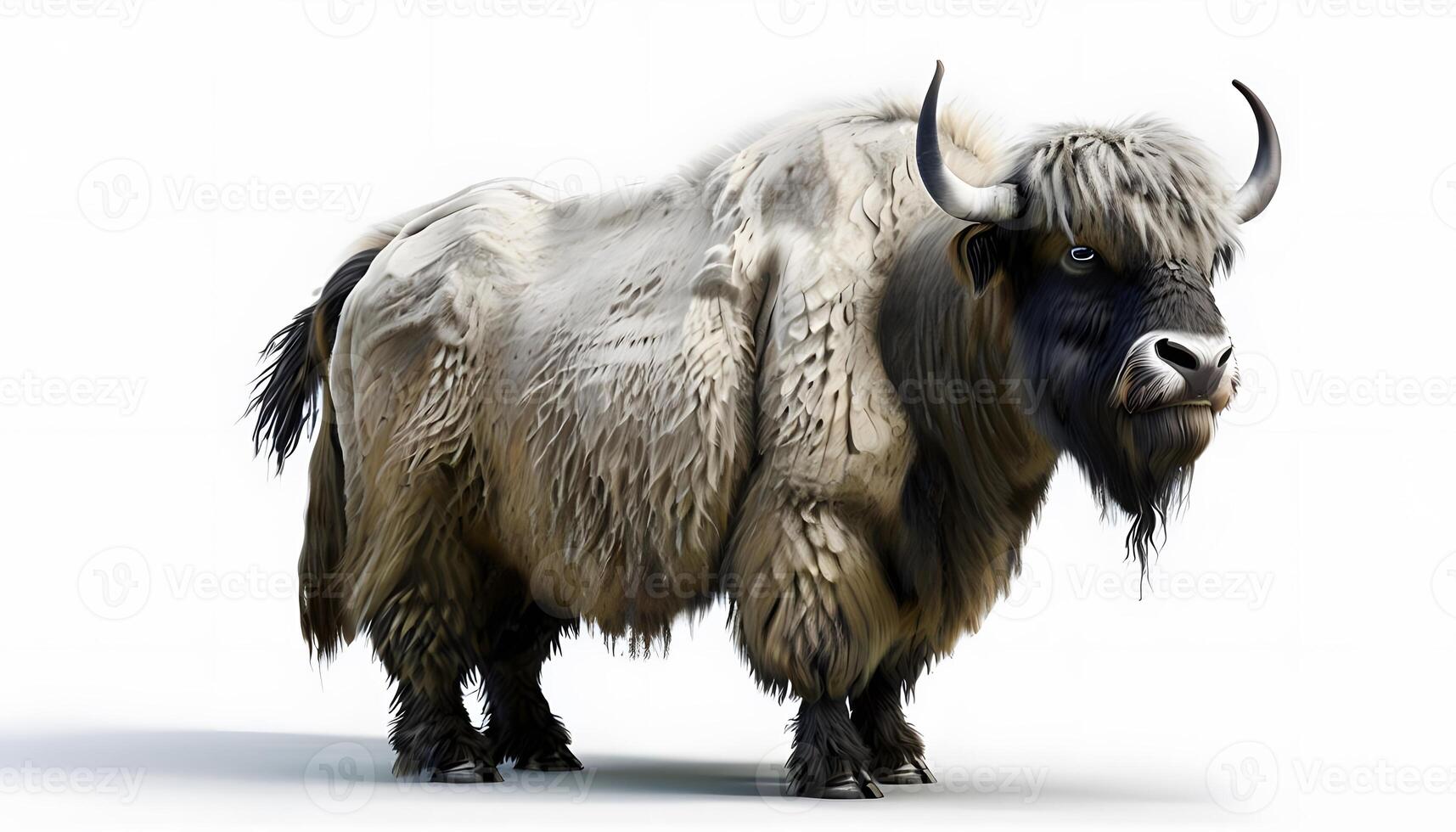 A yak is standing in front of a white background photo
