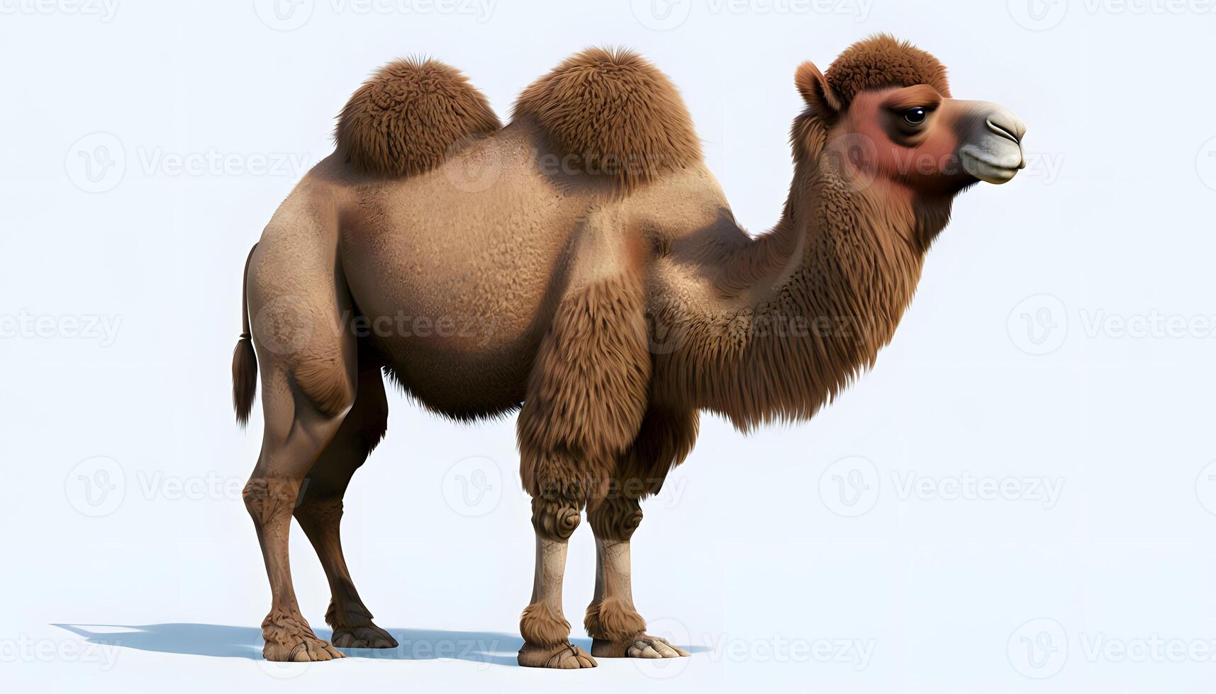 A camel is standing in front of a white background photo